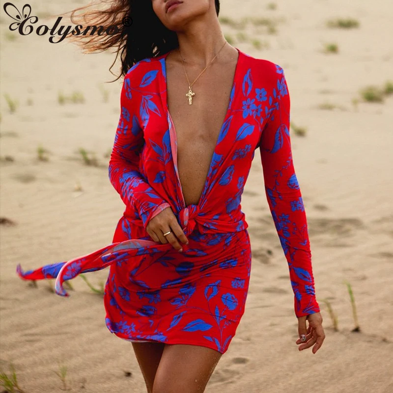 

Colysmo Print Woman Dress Cut out Lace up Deep V Long Sleeve Red Mini Dress Ladies Casual Sexy Party Bodycon Vestidos Beach Robe