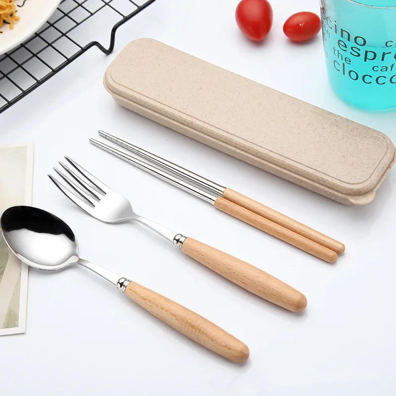 

3Pcs/set Portable Stainless Steel Cutlery Set Wooden Handle Fork Spoon Chopsticks Dinner Tableware Set Travel Kit New