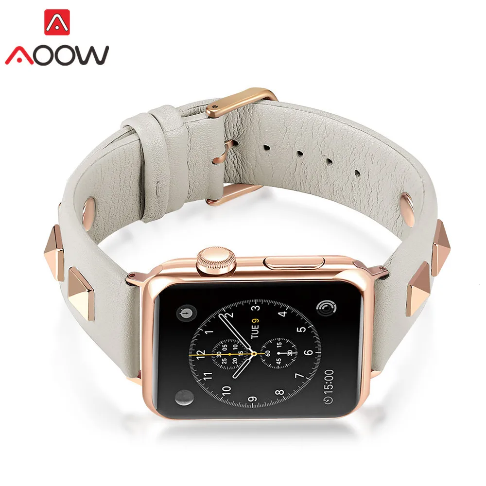 Ремешок для часов из натуральной кожи для Apple Watch 38 мм 40 мм 42 мм 44 мм модный ремешок с заклепками для iwatch 12 3 4 Мужской Женский браслет