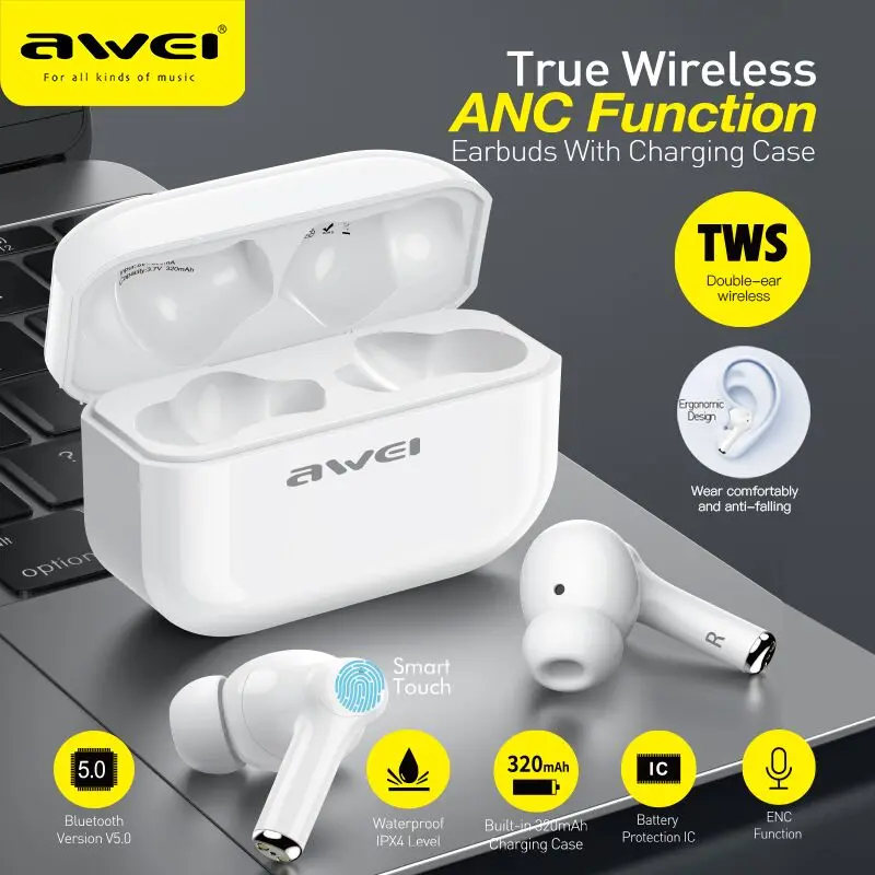 

awei TA1 2021 TWS ANC Active Noise Cancelling ENC Earbuds Gaming Mode Headset HiFi Bass Stereo Music With Mic For iPhone 12