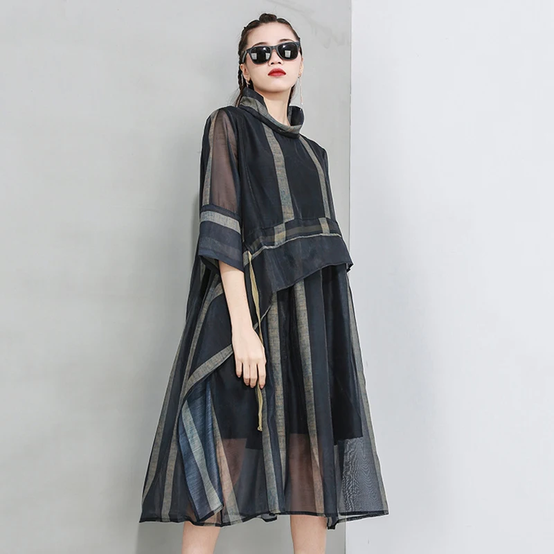 [EAM] женское Полосатое Сетчатое платье с разрезом новая водолазка рукавом три