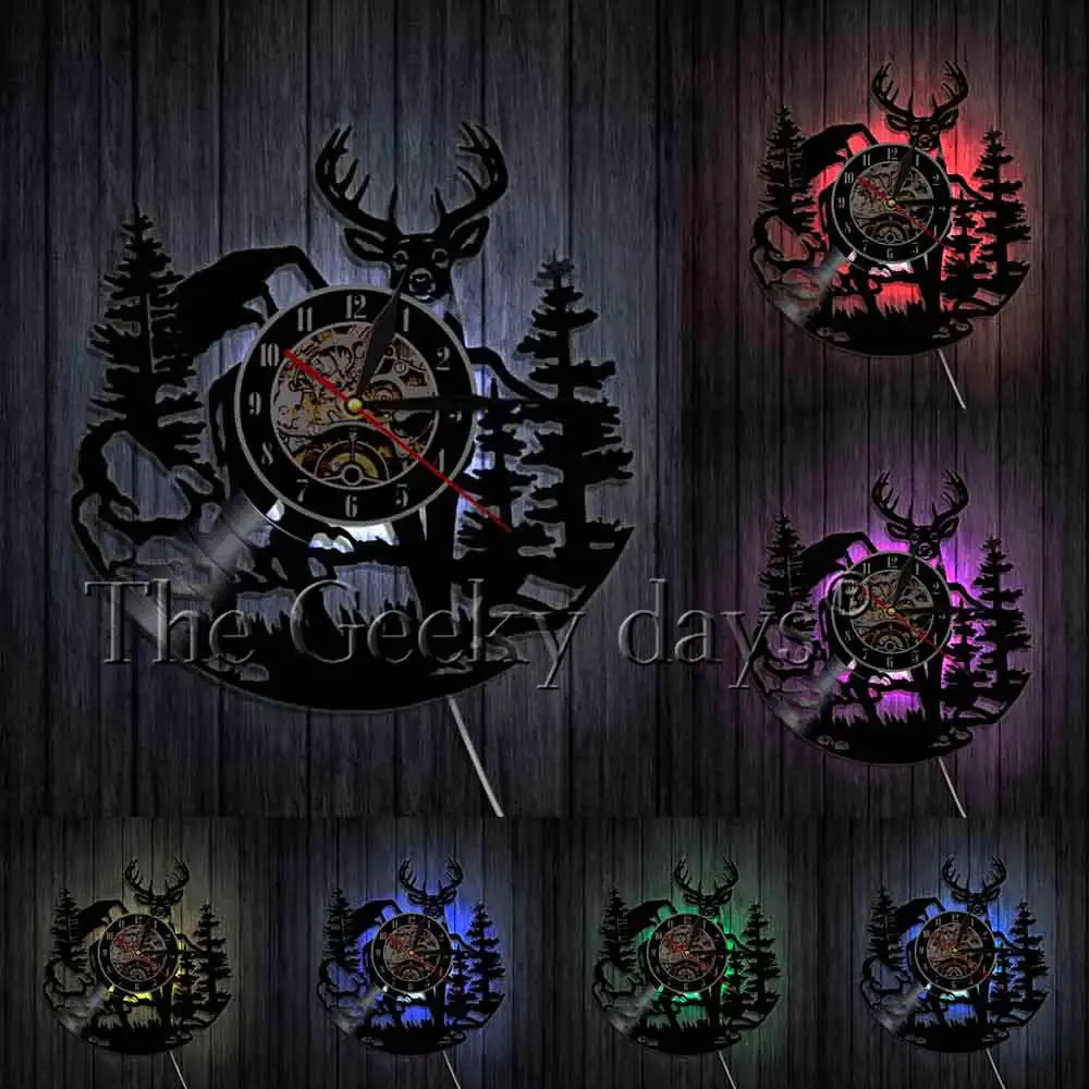 6 Forest Deer Wall Decor Retro Vinyl Record Wall Clock Antler King Moose With Pine Tree Hunting Hunters Wall Clock Gift Idea - Color: 6