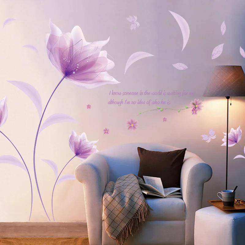 Purple Flower In Wind Wall Stickers For Bedroom Home Decoration Plant Plane Mural Window Removable Diy Wallposters
