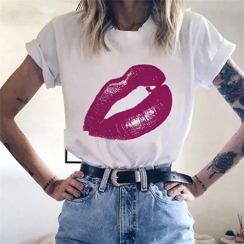 

Women's T-shirt lips print ladies Tshirt White Round Neck Short Sleeve Casual T shirt Harajuku simple tees shirt female