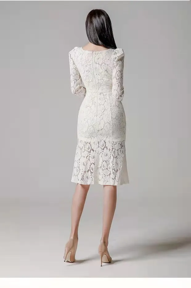 

COIGARSAM Full Sleeve Women dress New Lace Square Collar Dresses White 6352