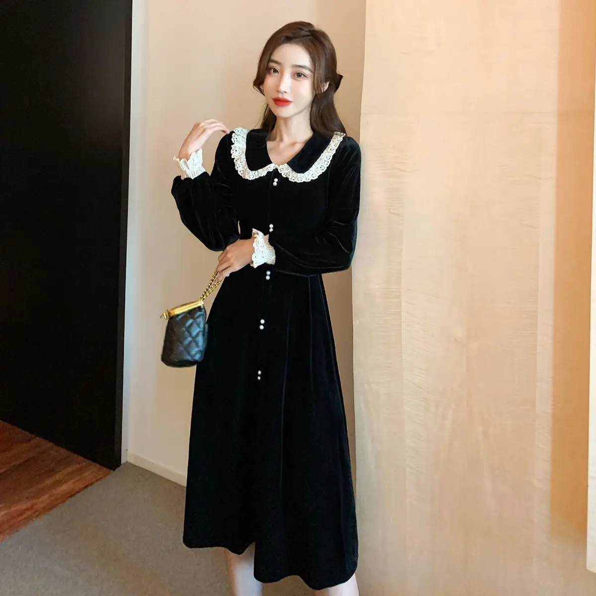 

COIGARSAM Patchwork Women one-piece dress korean New Peter pan Collar Dresses Black 978