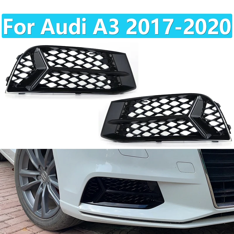 

2Pcs For Audi A3 2017 2018 2019 2020 Honeycomb fog lamp frame hollow grille under the net Black Bright Car Accessories