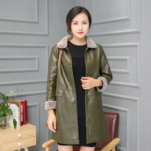 Office Ladies Faux Fur Turn Down Collar Faux Leather Jacket Coat big Size 4XL 5XL Womens Pu Lether Jackets Black Red Army Green
