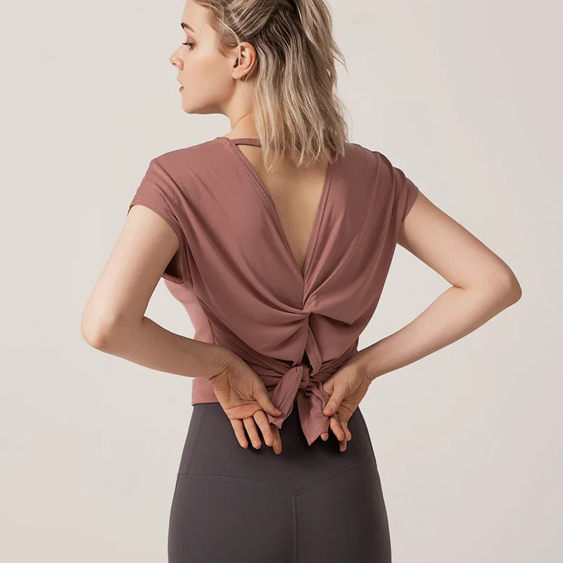 

Women Sweatshirt Yoga Shirts Quickly Dry Short Sleeve Back Cross Yoga Top Running Jogger Casual Fitness Workout Shirt Activewear