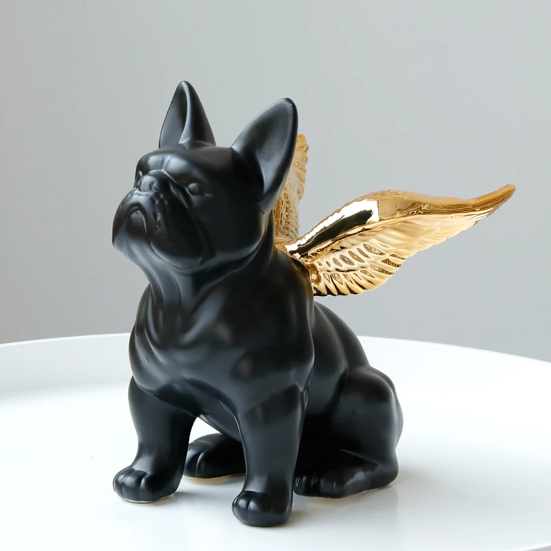 Черная статуя французского бульдога с золотым крылом керамическая статуэтка для