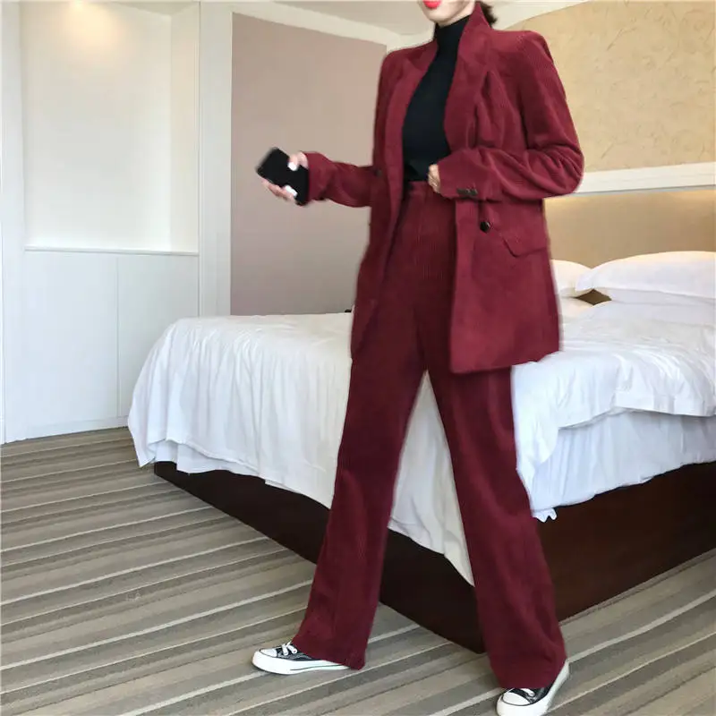 

Bella Philosophy 2019 Autumn Solid Women Elegant Corduroy Blazer OL Notch Collar Jacket Female Wine Red Double Breasted Coats