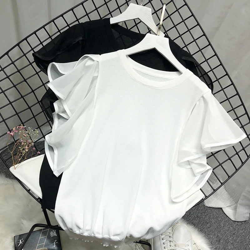 Женская футболка с коротким рукавом и оборками Свободная трикотажная лето