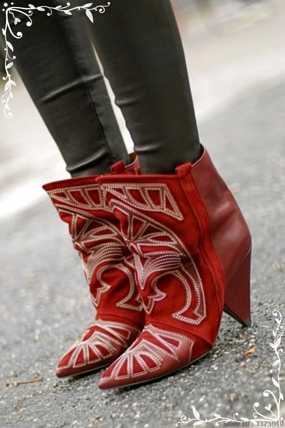 

Vintage Embroidered Sleeve Wedge Nude Boots Wedge Heel Winter Fashion Boots Classic Red Black Pointed Toe Handmade Short Boots