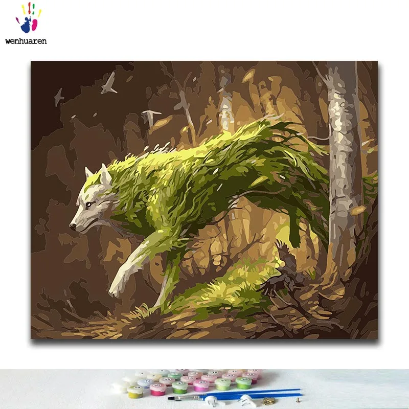 

DIY Coloring paint by numbers Green wolf in the forest paintings by numbers with kits 40x50 framed