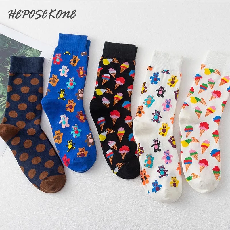 

New Harajuku Hip Hop Happy Funny Tide Sock Creative Sokken Cartoon Ice Cream Bear Couple Socks Cotton Casual Combed Antiskid Sox