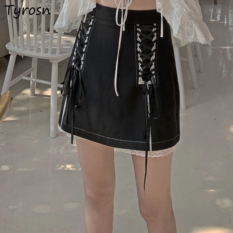 

Patchwork Double Layer Lace Mini Skirts Women Lace-up Sweet All-match Harajuku Streetwear Ulzzang Bandage Sexy Summer Faldas