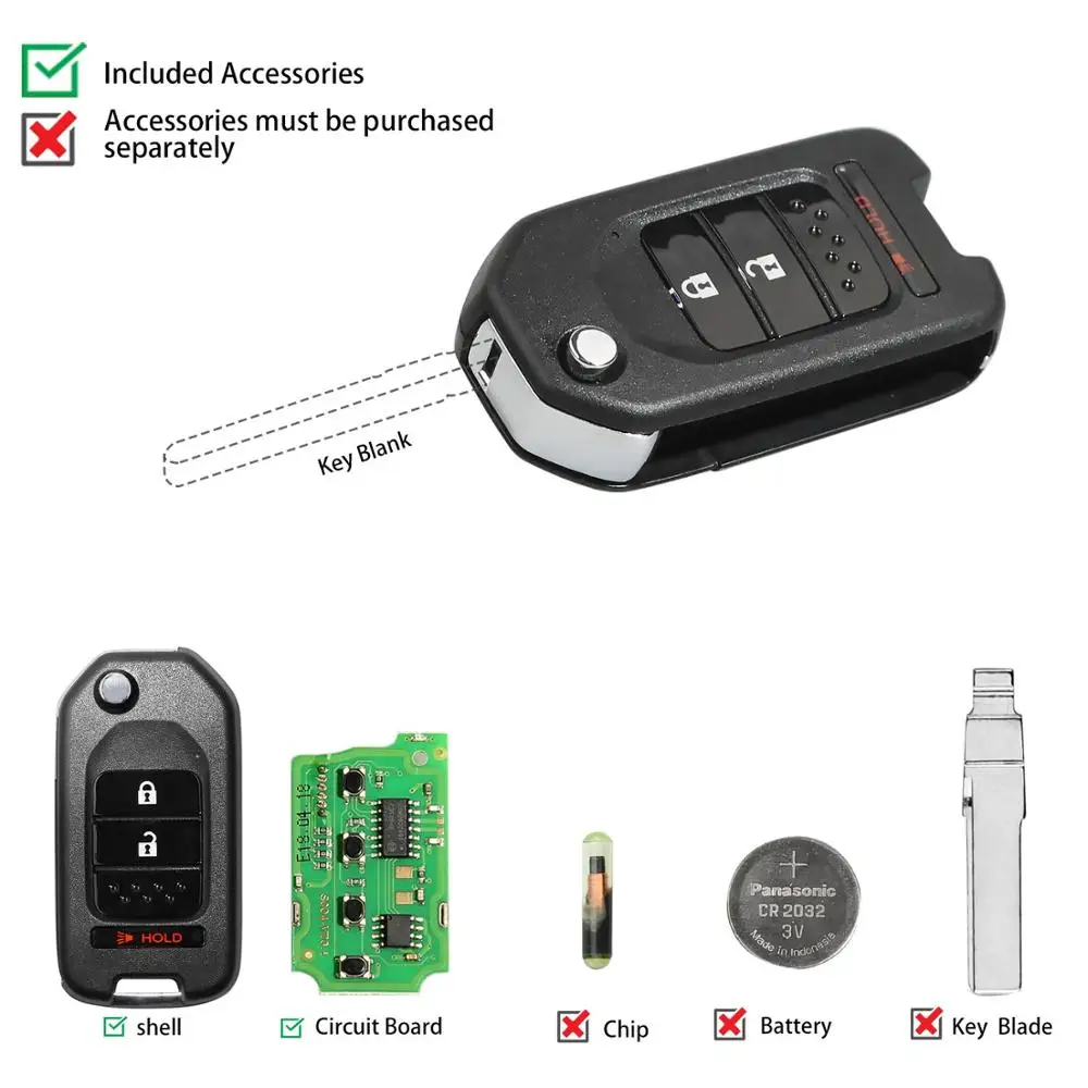 

Xhorse XKHO02EN Wire Remote Key For Honda Flip 2+1 Buttons English Version One Pcs