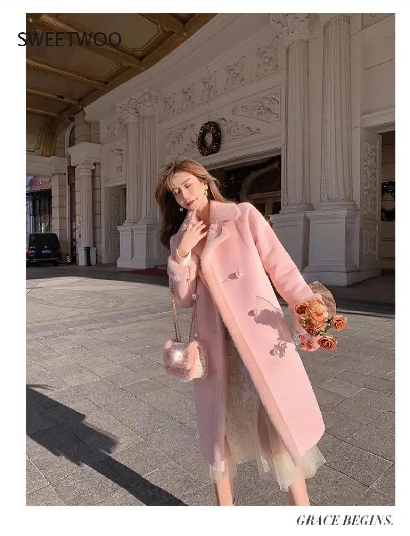 2021 Women Winter Thick Warm Elegant Pink Faux Fur Coats Female Turn Down Collar Fariy Wool Coats Lady Botton Outerwear