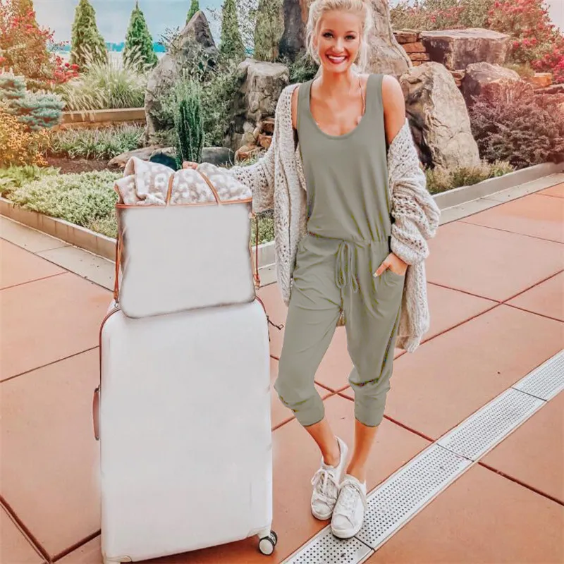 

Женский однотонный комбинезон без рукавов, повседневный базовый Длинный комбинезон с карманами, облегающие пляжные комбинезоны, брючные к...