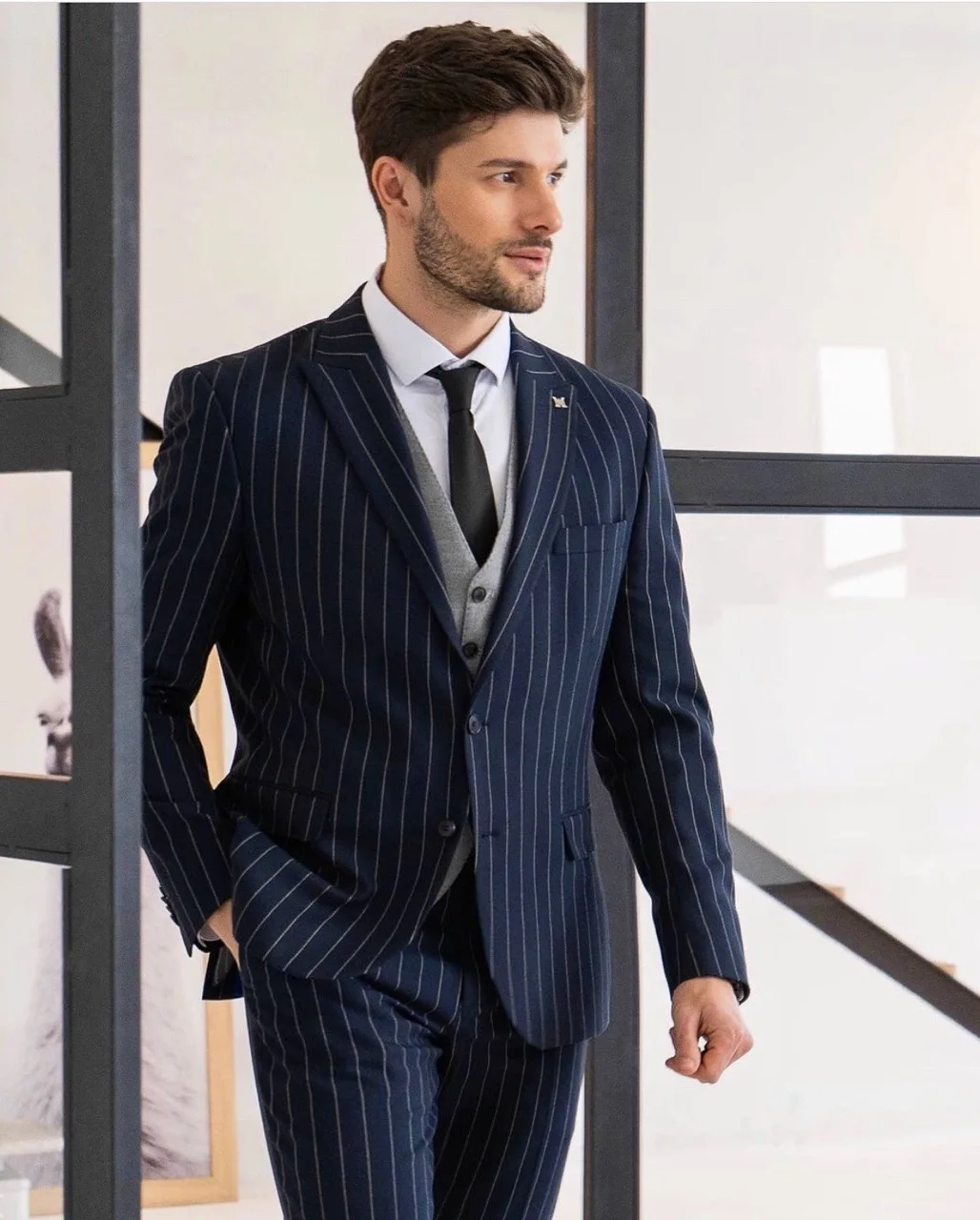 

Costume Homme Marriage Dark Blue Stripe Men Suits Slim Fit Blazer Tuxedos Groom Wedding Terno Masculino 3 Pcs Jacket+Pant+Vest