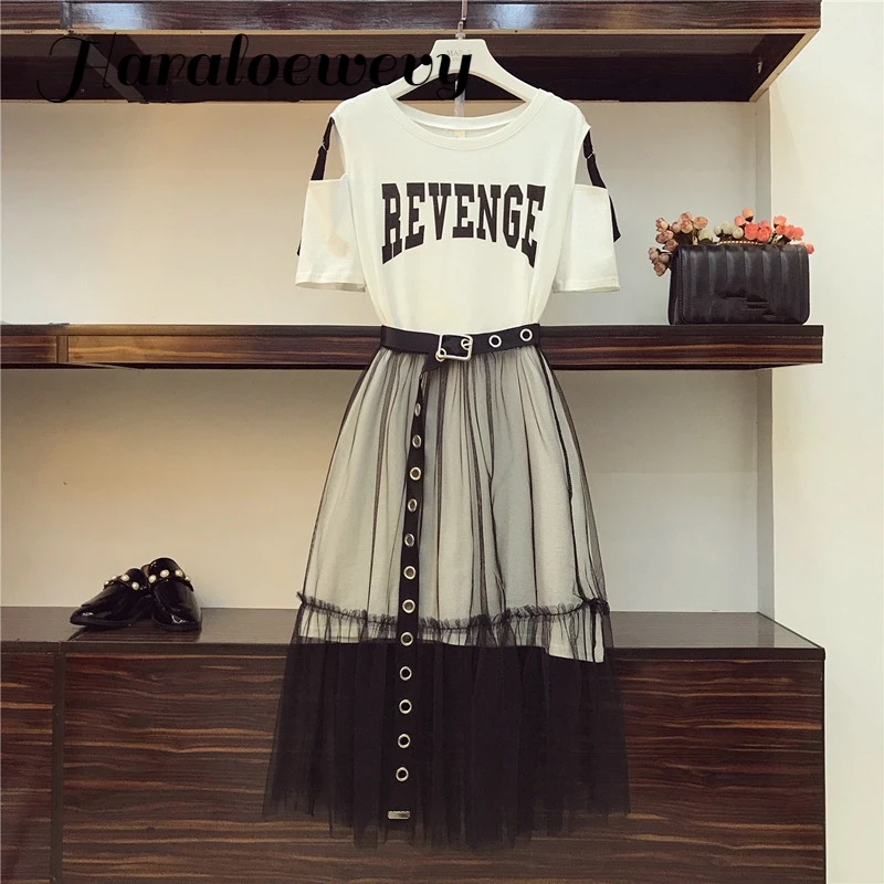 2019 Летняя женская газовая юбка набор из двух частей длинная футболка с открытыми