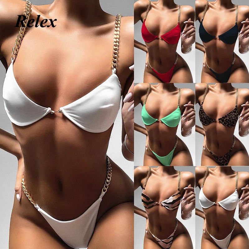 

Sexy Golden Chain Bikini Women Swimwear Female Swimsuit Two-Pieces Push Up Pin Buckle Bikini Set Thong Beach Bathing Suit