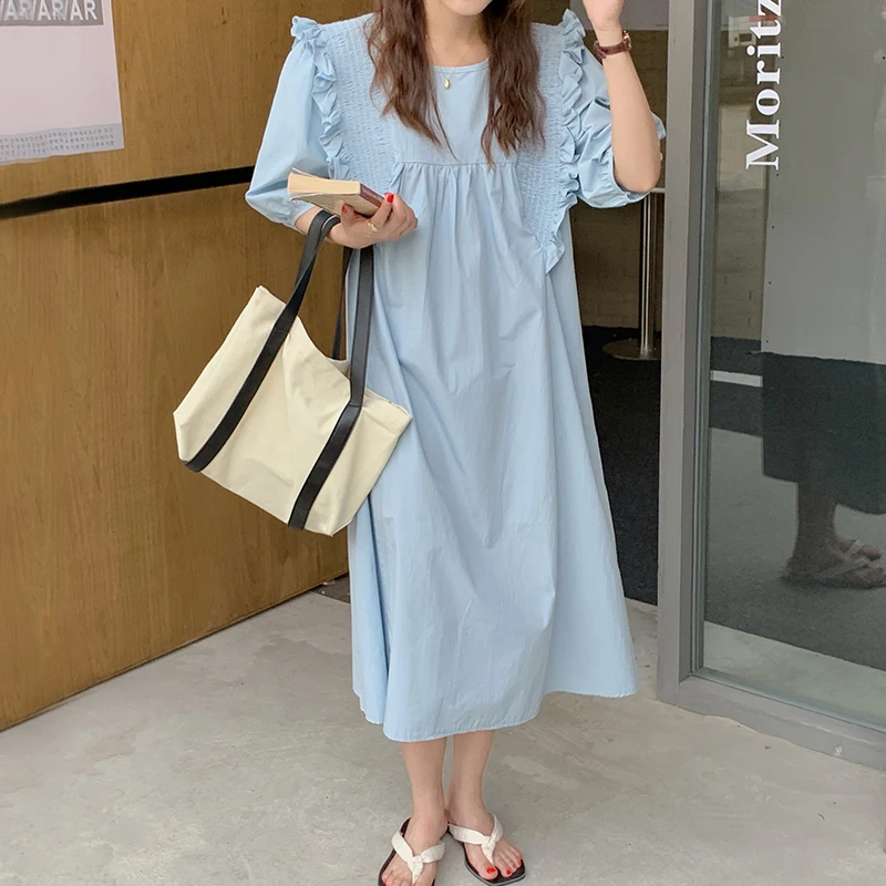 

Korejpaa Women Dress 2021 Korean Fashion Summer Gentle Round Collar Wood Ear Stitched Blue Loose Bubbly Bubble Sleeve Vestidos