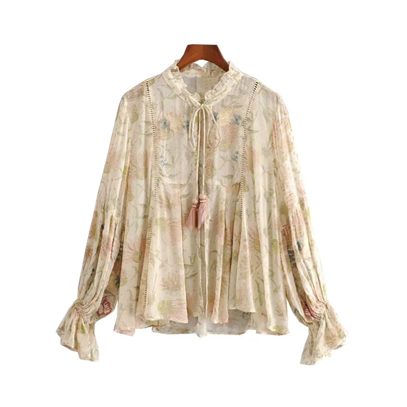 2019 мода галстук-бабочка с длинным рукавом Футболка кисточками Blusas Винтаж