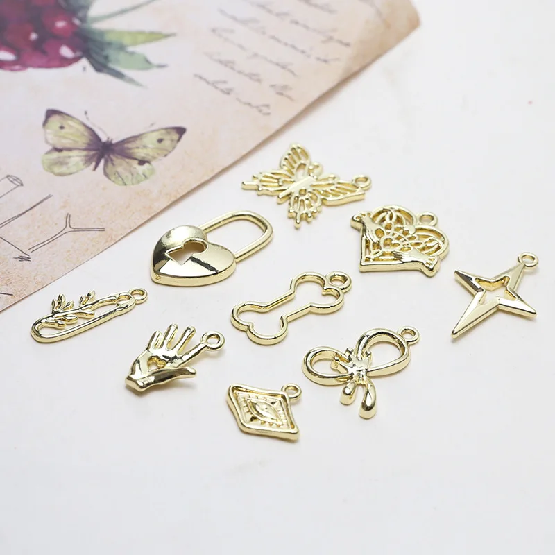 

10Pcs Metal Charms Palm Butterfly Lock Stars Pendants Ornaments Beads for Bracelet Earrings Jewelry Making