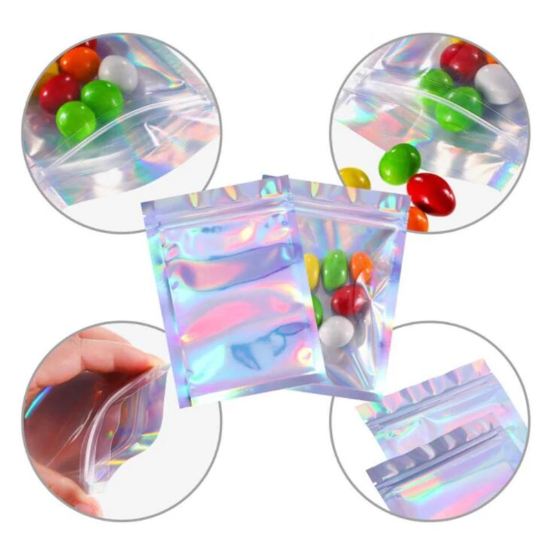 10Pcs 7.5x10/8.5x13/10x15mm Iridescent Holographic Plastic Opp Bag Pouch For Wrapping Favor Jewelry Packaging Business Wholesale - купить по