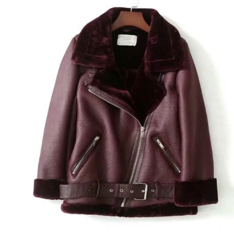 Женская Шуба из искусственной кожи с вельветовой подкладкой ремнем-авиатором