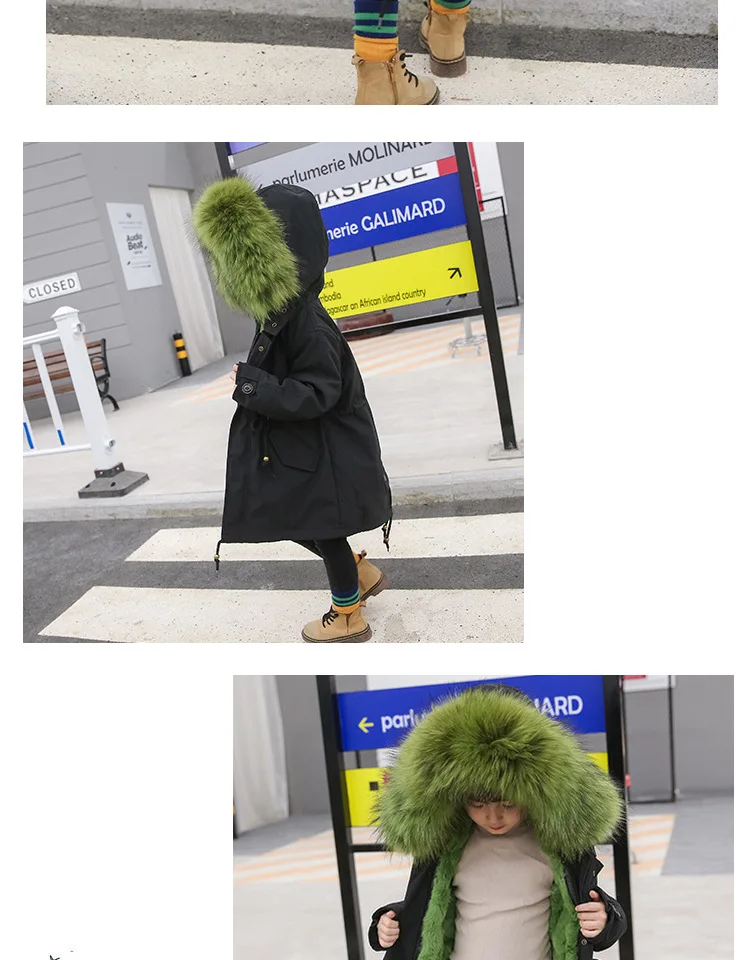 Army Green Coat Fur Jacket Girls Winter Clothes Rabbit Fur Kids Parkas Real Raccoon Fur Hooded Children Jacket For Girls TZ90