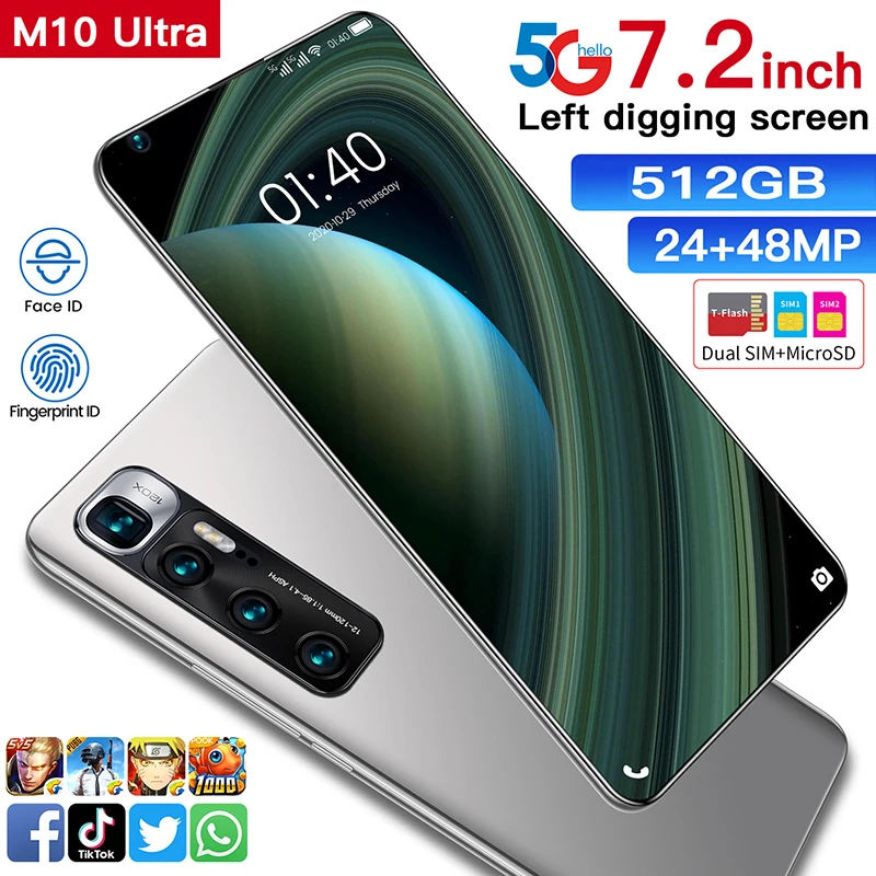 

XIAOM10 Ultra 7.2 Inch 5G 12+512GB Android10 Full Screen Smart Phone Dual SIM Mobile Phone 6000mAh Octa Core Cell Phone Celular