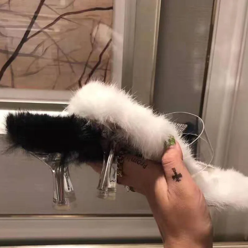 Новинка 2020 женские туфли со стразами из ПВХ меховые шлепанцы на высоком