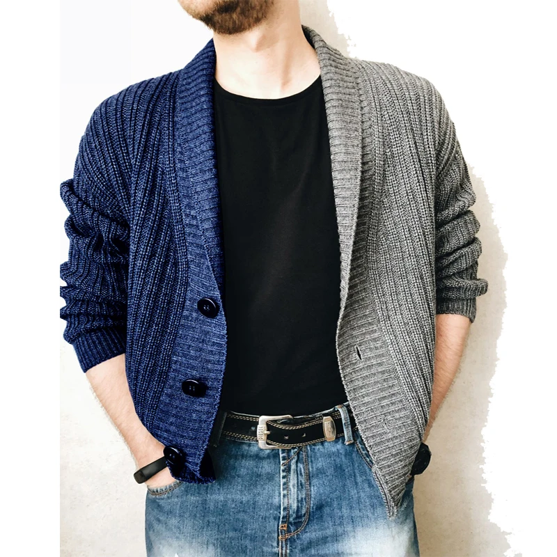 

LUCLESAM Winter Men Casual Stitching Contrast Cardigan Mens Single-breasted Lapel Knitted Sweaters casaco masculino