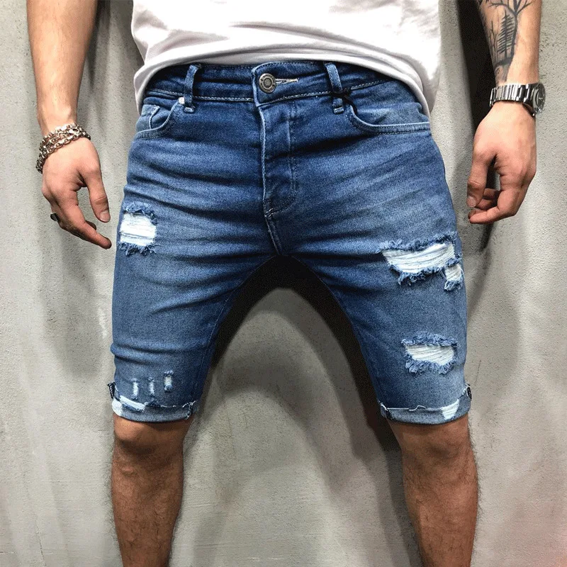 Men Ripped Short Jeans Bermuda Cotton Shorts Breathable Blue Denim Shorts Male Destroyed Skinny Hole Short Jeans For Men 2021