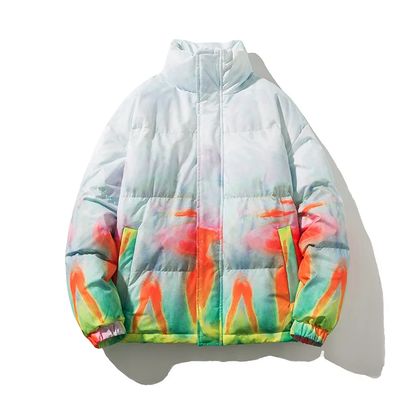 

Japanese Harajuku Down Parka Jacket Men Manga Girls Print Gradient Parkas Anime Loose Stand-up Collar Coat Winter Warm Outwear