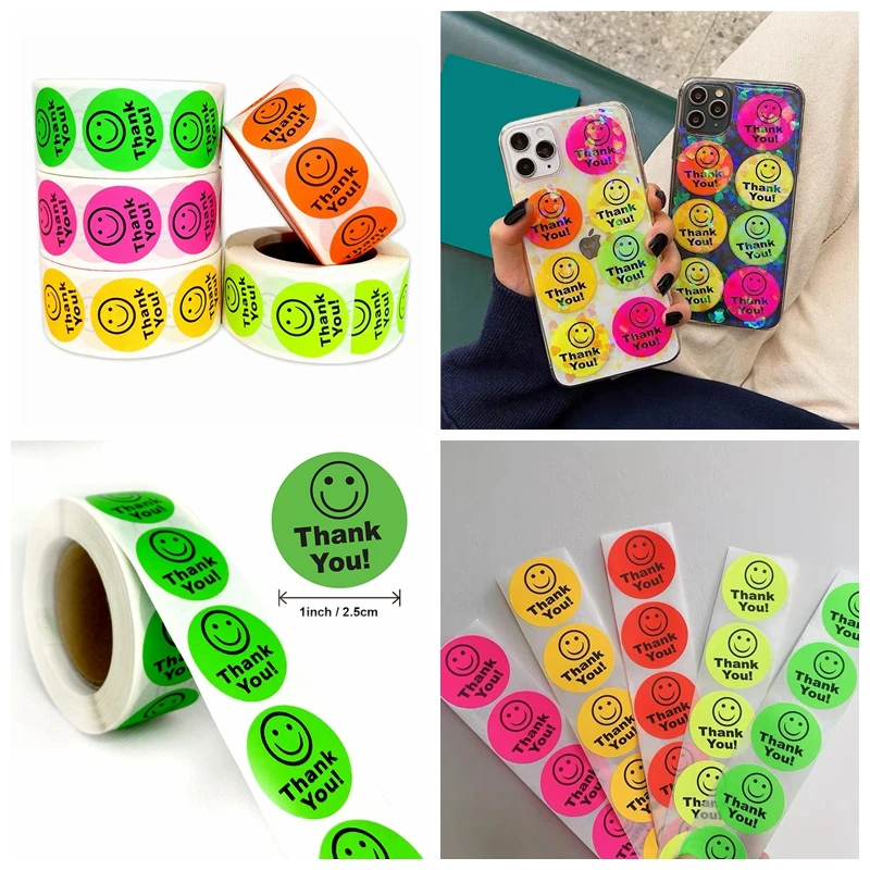 

50-500pcs Luminous Smiley Face Sticker for Kids Business Handmade Decoration Packing Sealing Label Fluorescent Thank You Stickes