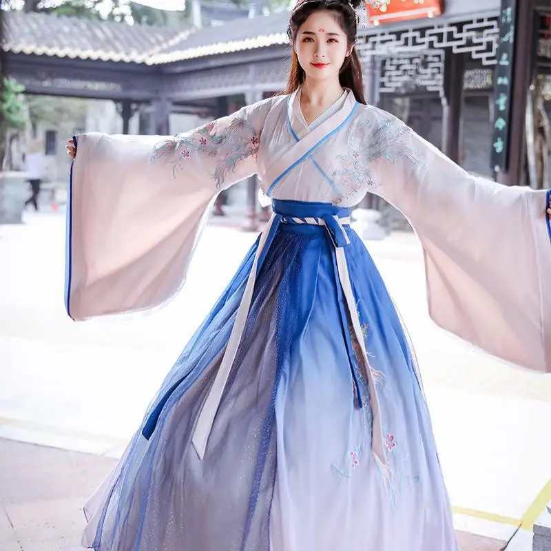 

Ancient Gradual Elegant Hanfu Women Long Traditional Mesh Tang Suit Embroidery Flower Lady Chinese Style Performance Clothing