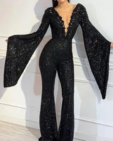 2022new women jumpsuit sequin elegant casual womens v neck bat sleeved top black solid straight fashion long jumpsuits