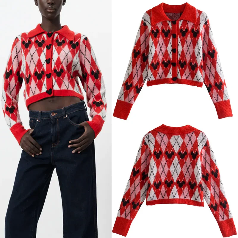

Za Woman's Diamond Print Knitting Cardigan Coat Fashion O-neck ChicMickey Mouse Buttons Pullover Street Oversized Warm Sweater