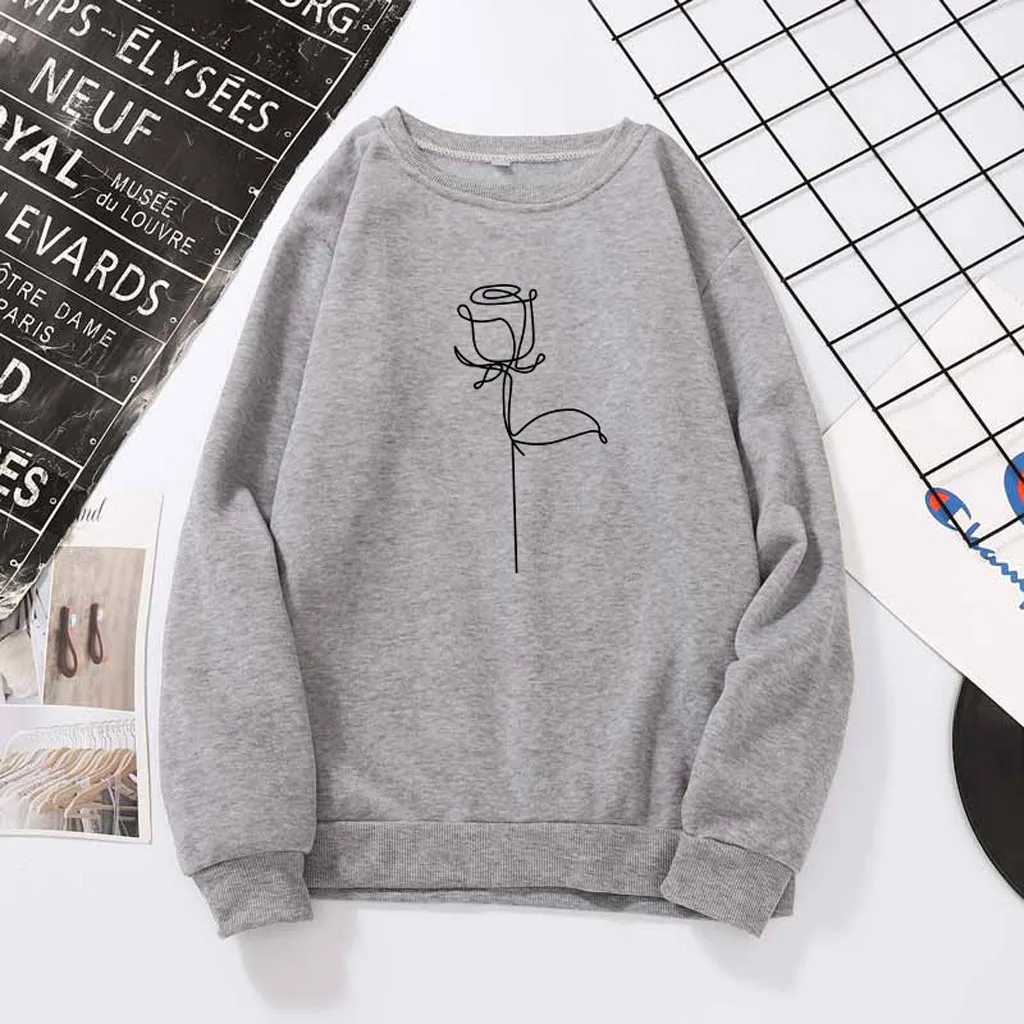 

Hoodie Sweatshirts Autumn Long Sleeve Harajuku Sportswear Rose Printed Simple O-neck Loose Streetwear Teenager Sweatshirt