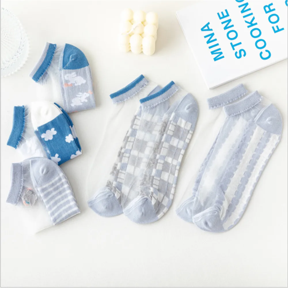 

New Product Light Blue Glass Silk Stockings Women Thin Stockings Korean Card Silk Socks Transparent Colored Cotton Socks