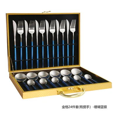24pcs with giftbox Черный золотой набор столовых приборов 24 столовых приборов набор 18/10 из нержавеющей стали столовая вилка и нож белый золотой набор столовых приборов розовый с деревянной подарочной коробкой - Цвет: 24pcs with giftbox