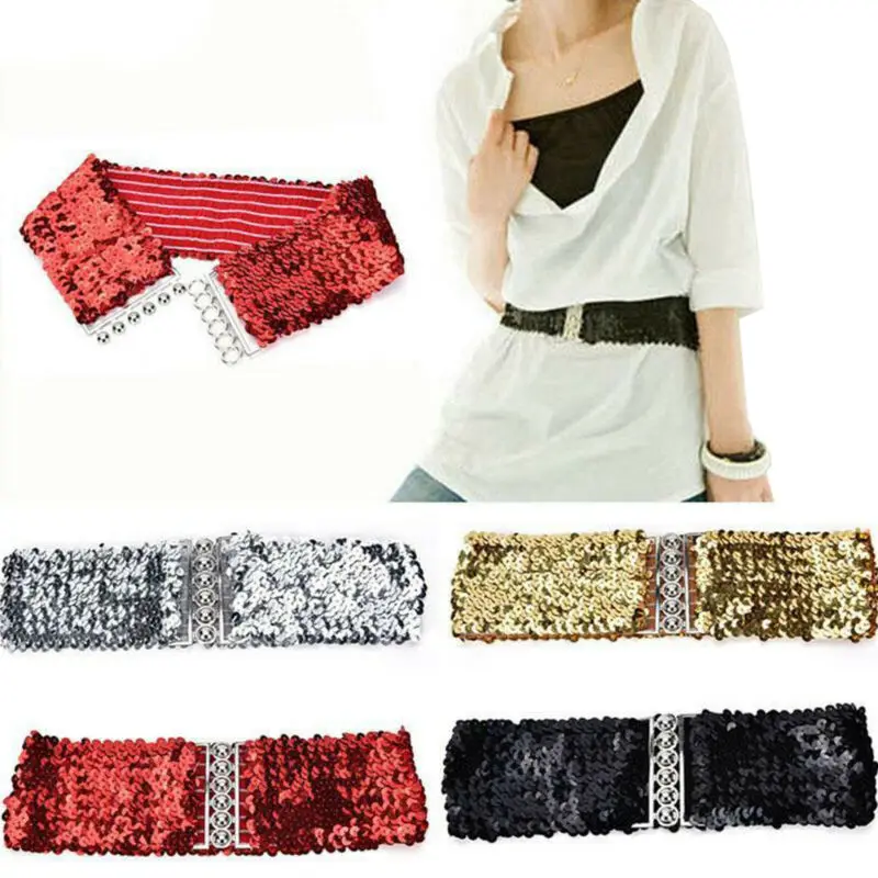 

Ladies Sequin Glitter Skirt Belt Waist Band Sparkly Elastic Stretch Shiny Belts