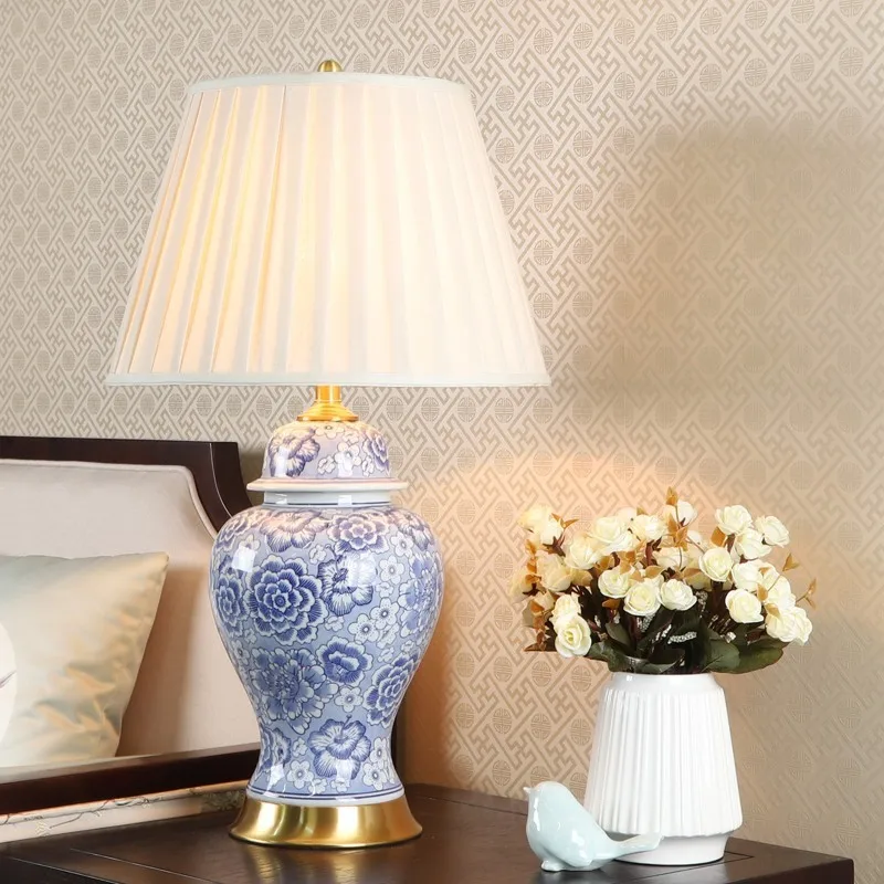 

New Chinese style blue and white porcelain table lamp living room bedside lamp retro copper decoration bedroom