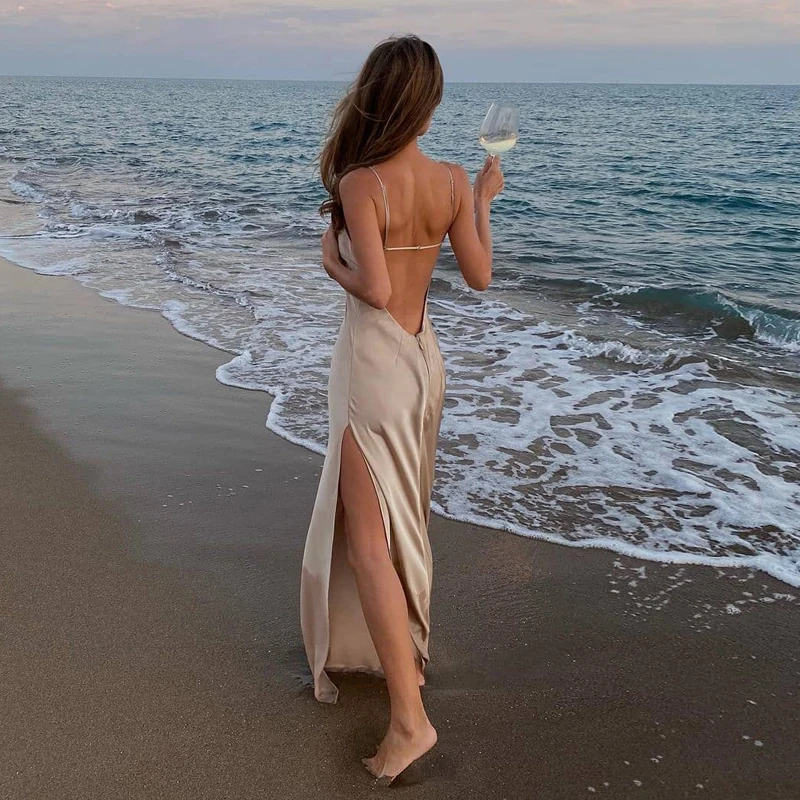 

NEW 2022 Summer Women Satin Silky Spaghetti Strap Split Long Dress Elegant Sleeveless Backless Club Party Beach Sexy Vestito