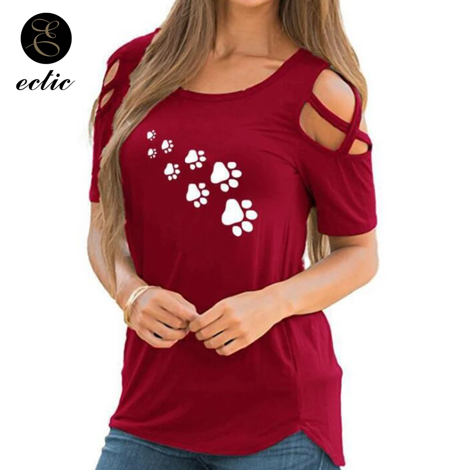 Кошка Коготь Образец Сердце Принт Футболка Открытыми Плечами С Рукавами