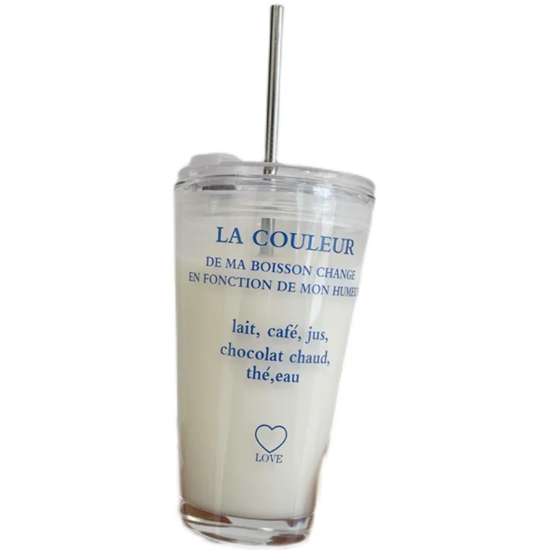 

Korean Style Can Be Salt Can Be Sweet English Printing Simple Straw Water Cup Breakfast Cup Large Capacity Glass Couple