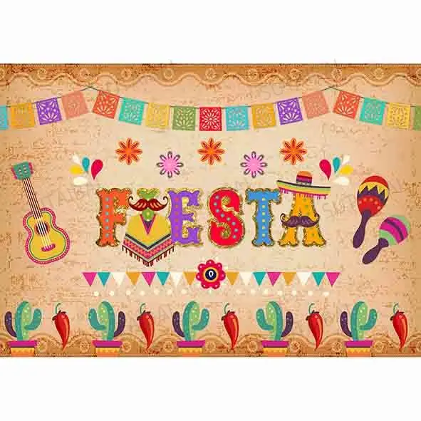 Mexico Fiesta Junina Party Mexican Theme Backdrop Photography Cactus Guitar Decor Colorful Flags Birthday Event Photo Background enlarge